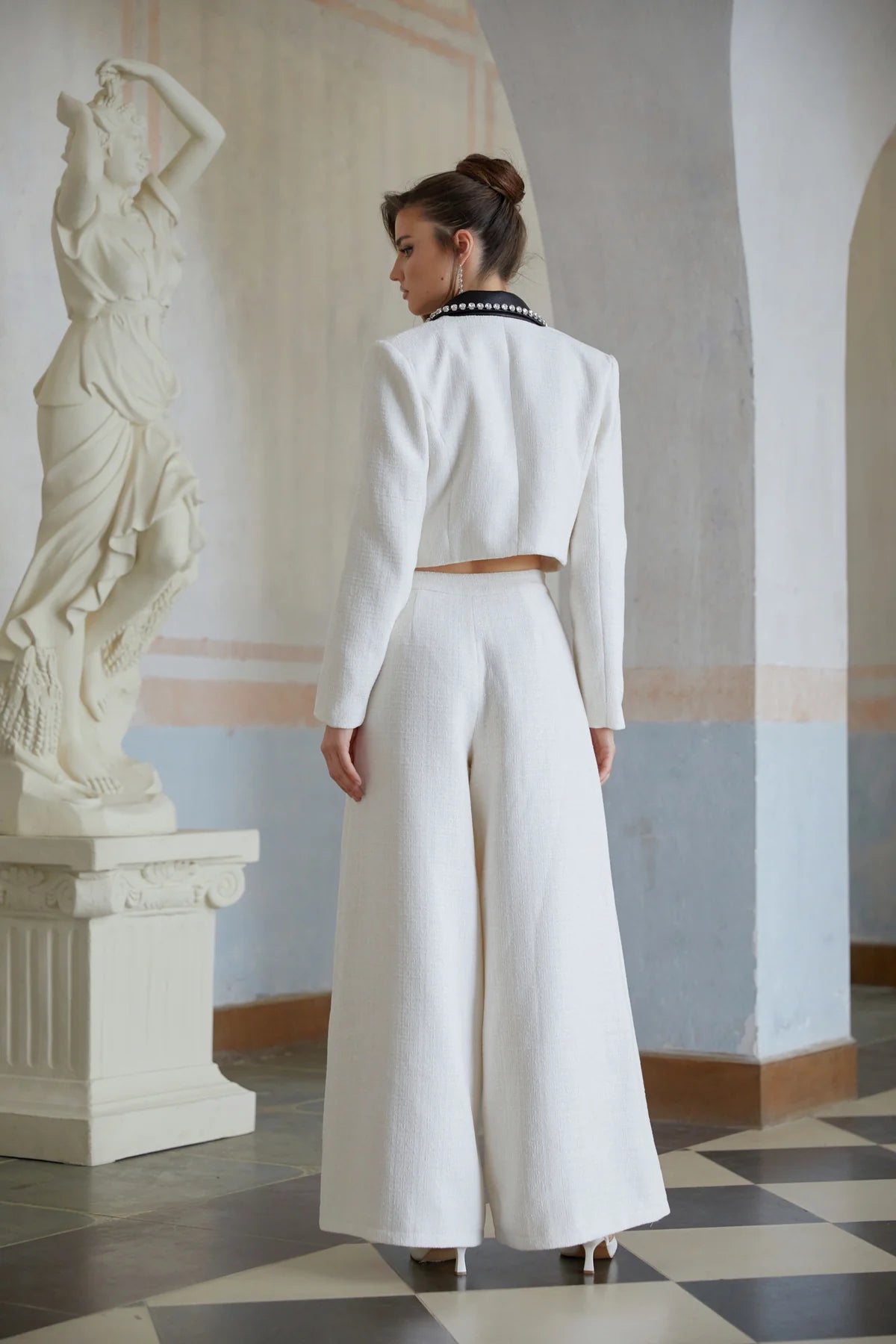 White Embellished Tweed Jacket & Trousers Set