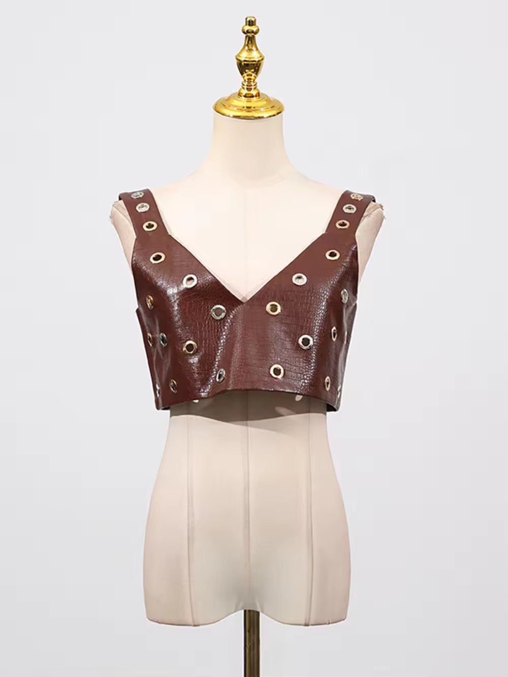 Hole Leather Two Pieces Set Crop Top+High Waist Pants