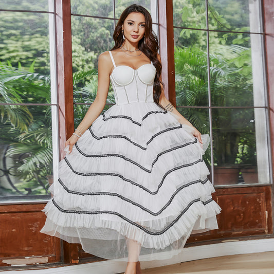 Irregular Asymmetric Tiered Dress Stitching Mesh dress