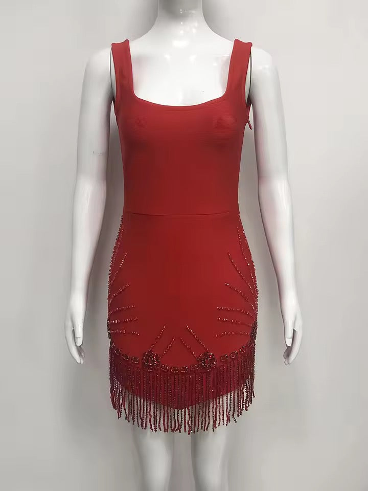 Backless Beaded Tassel Bandage Sexy Mini Dress