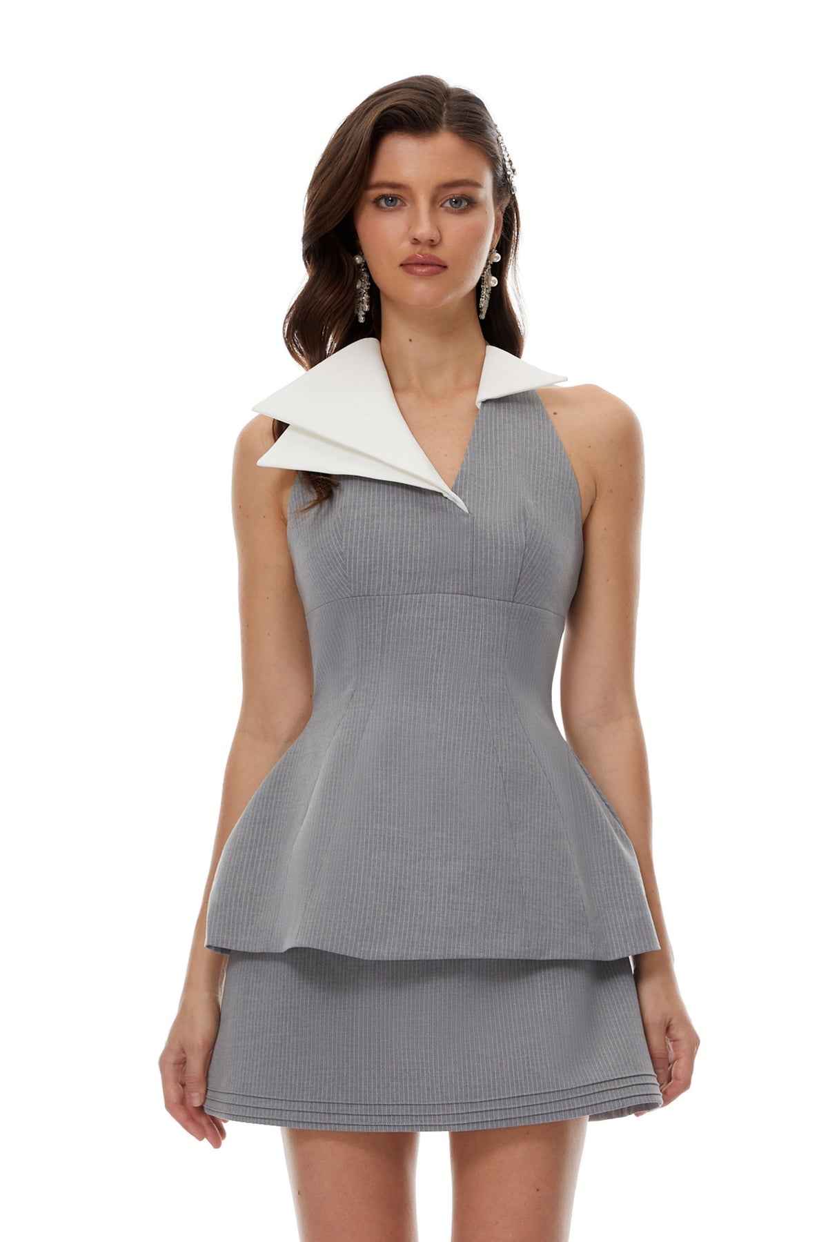 Grey Triangle Collar Top & Skirt Matching Set