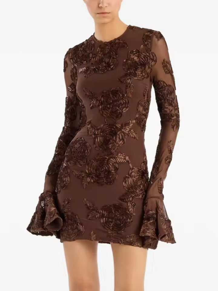 Cocktail Hour Elegance Chocolate Brown Floral Sheer Bell-Sleeve Mini Dress