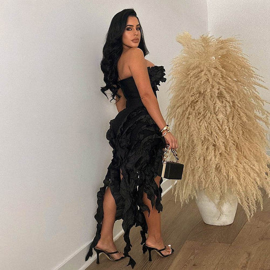 Strapless Ruffles Tassel Splicing Irregular dress - REBECATHELABEL