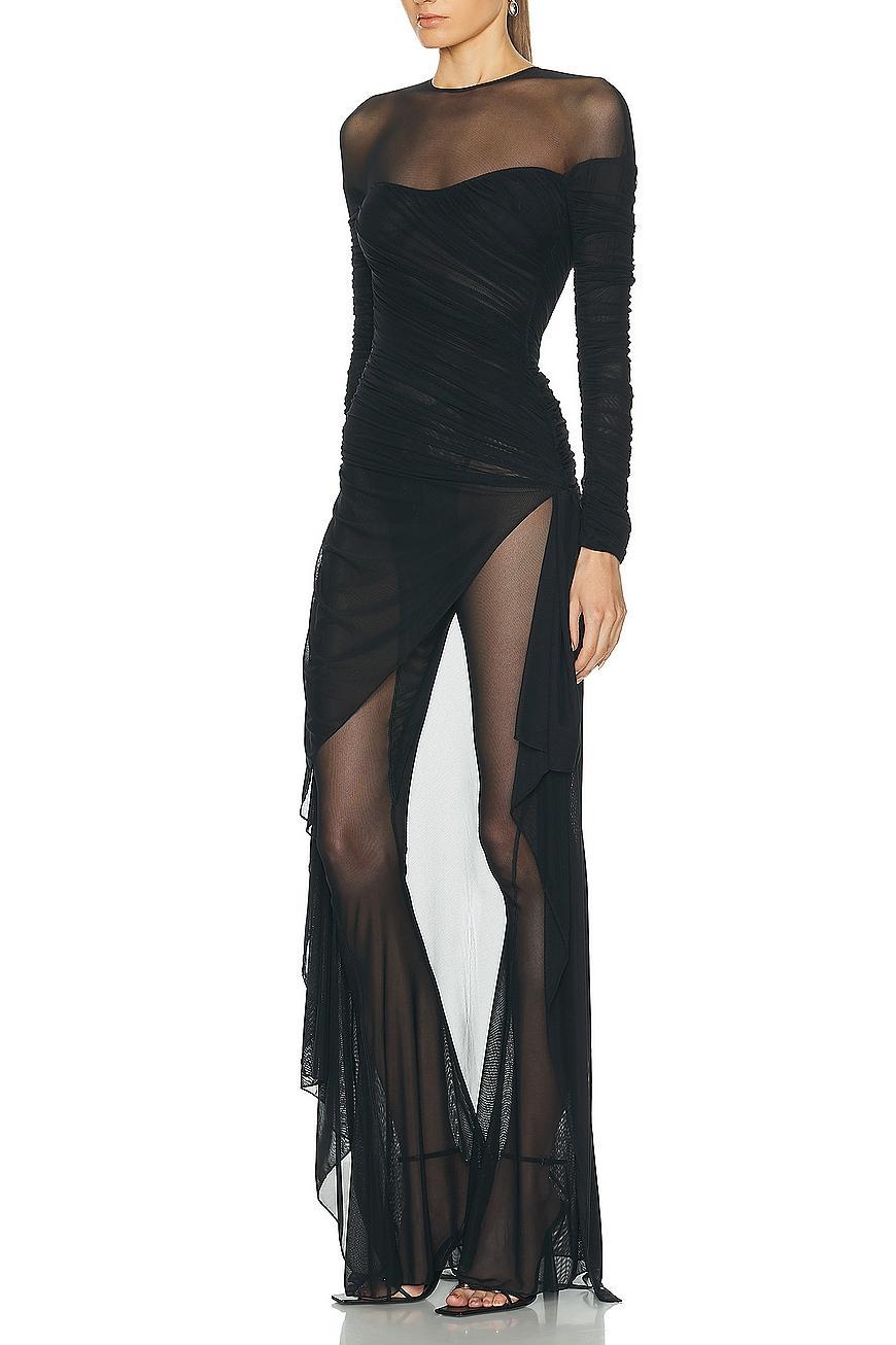 Mesh Long Sleeve Round Neck Ruched Jumpsuit