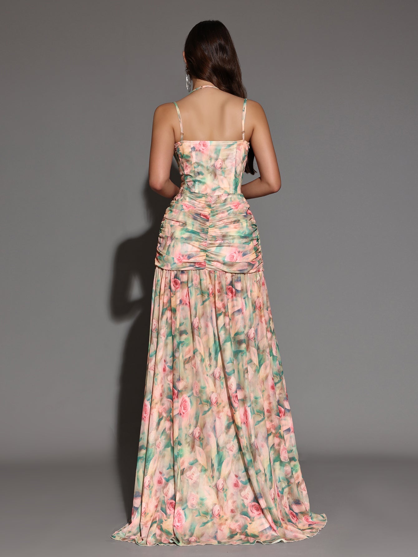 Floral Print Strap Stacked Ruched High Split Tunic Maxi Long Dress