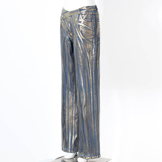 Splicing Strip Shape Bronzing Straight Slim Denim Pants - REBECATHELABEL