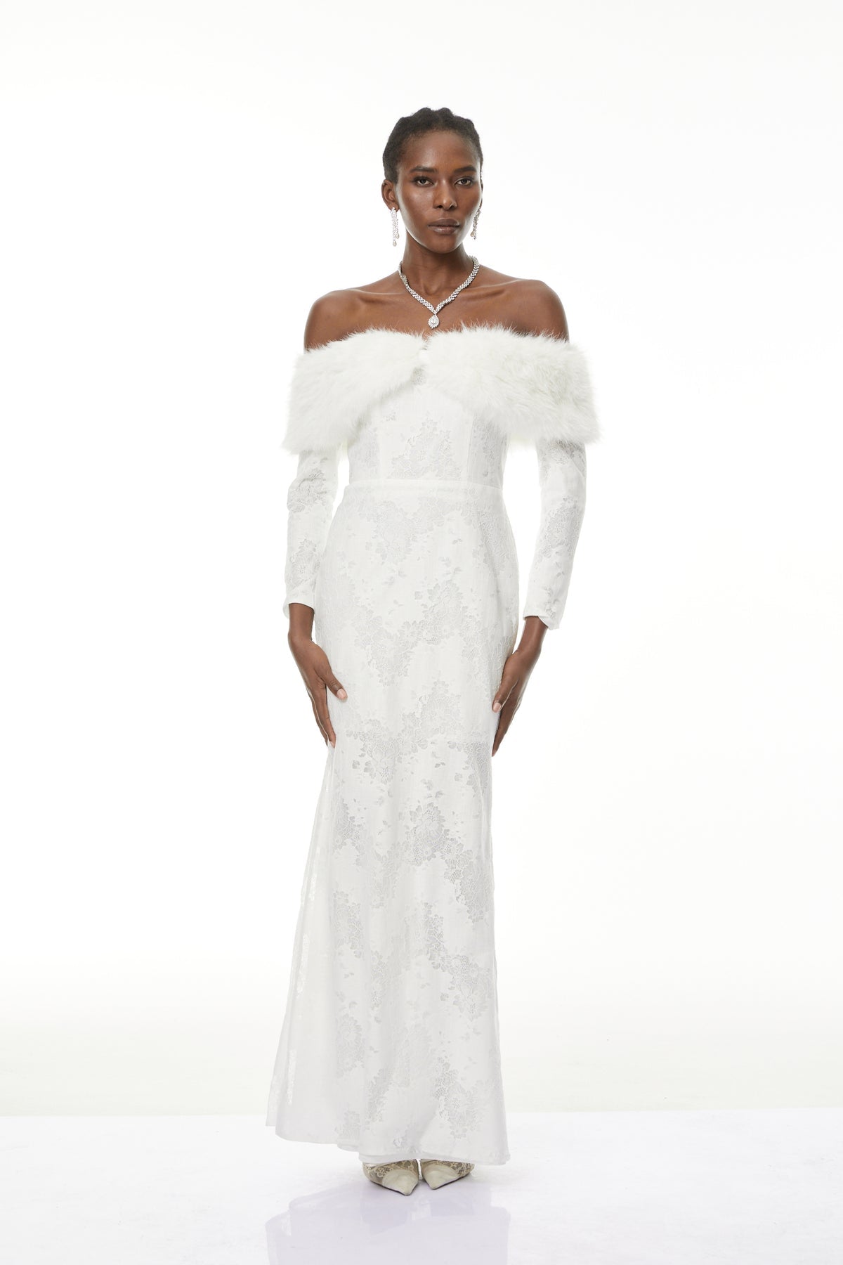 White Fur Trim Floral Lace Maxi Dress