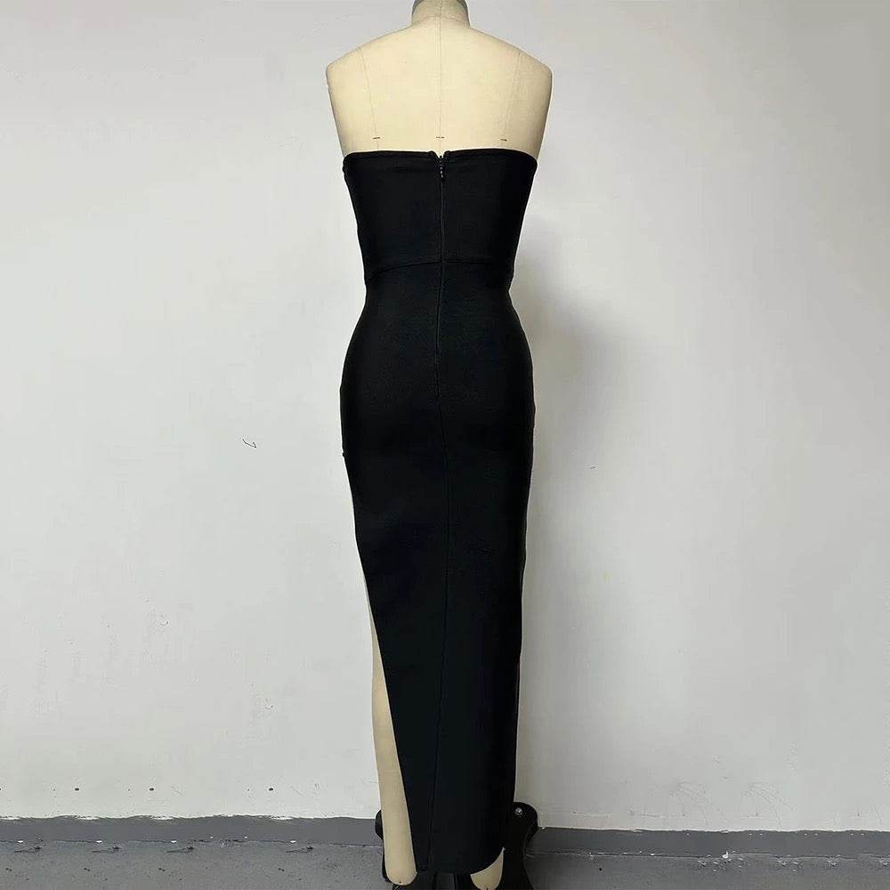 Strapless Diamond Sequins Asymmetric Maxi Split Bandage dress - REBECATHELABEL