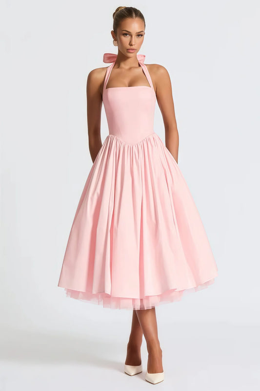 Pink Layered Flared Hem Midi Dress