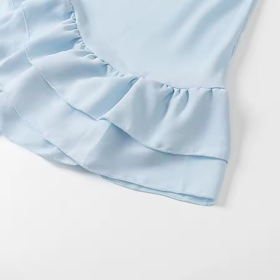 Ruffle Mini Dress Chiffon Loose High Neck Trumpet Sleeve Blue Dress