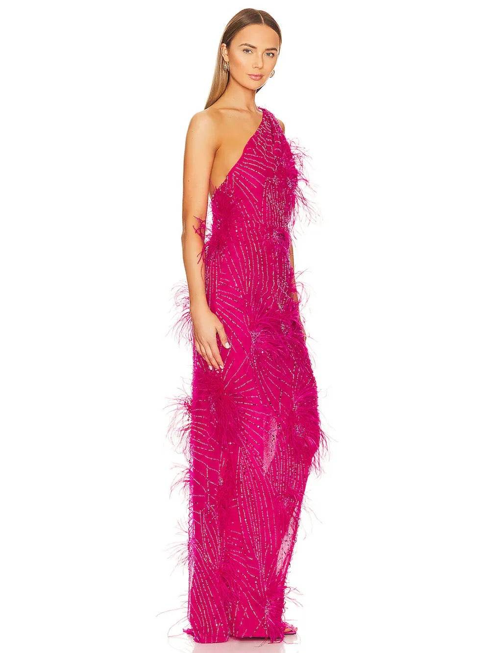 Beaded Sequin Feather Single Shoulder Sleeveless Bodycon dress - REBECATHELABEL