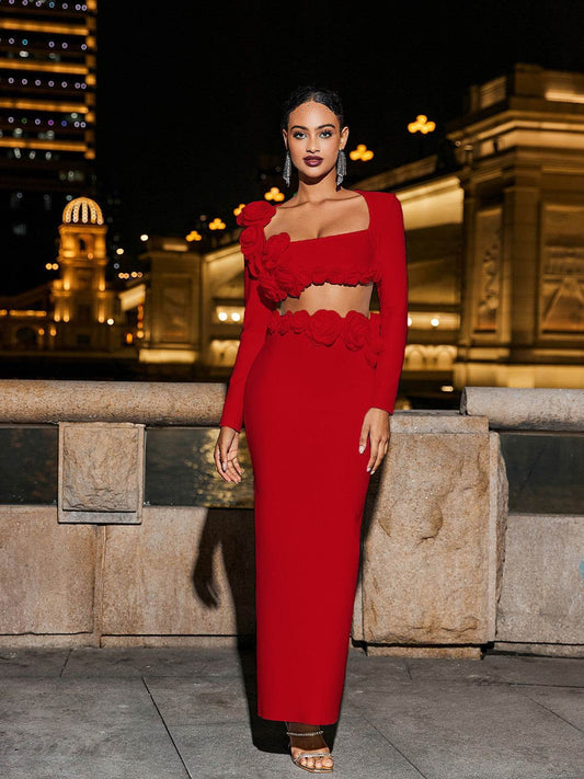 Flower Bandage Skirt Set In Red - REBECATHELABEL