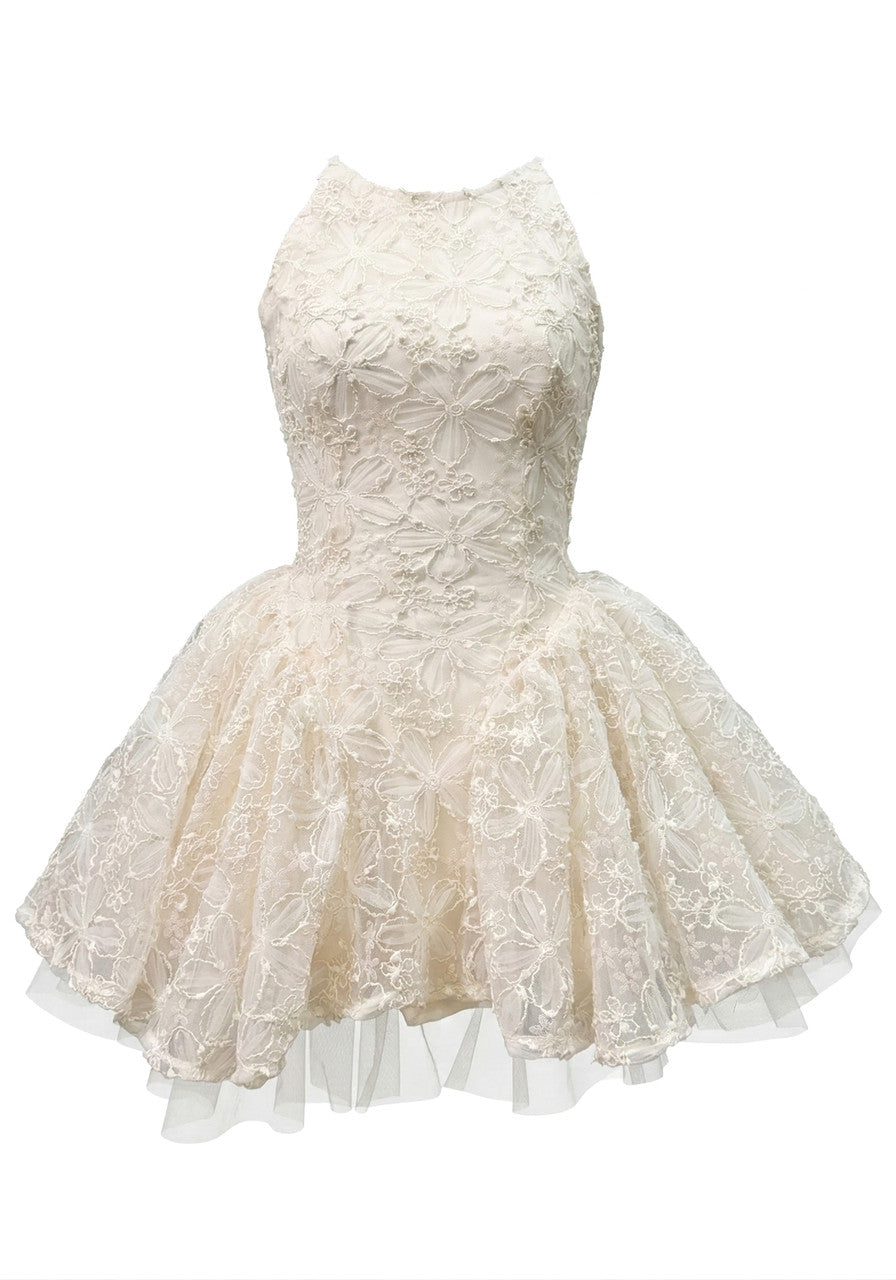 Halter Floral A Line Dress Ivory