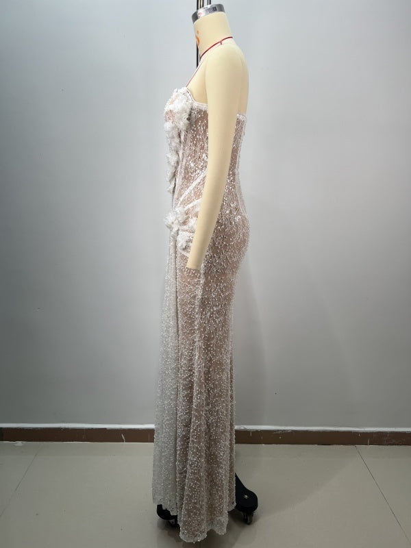 Lace Beads Tube Top White Flowers Wedding Dress For Dinner