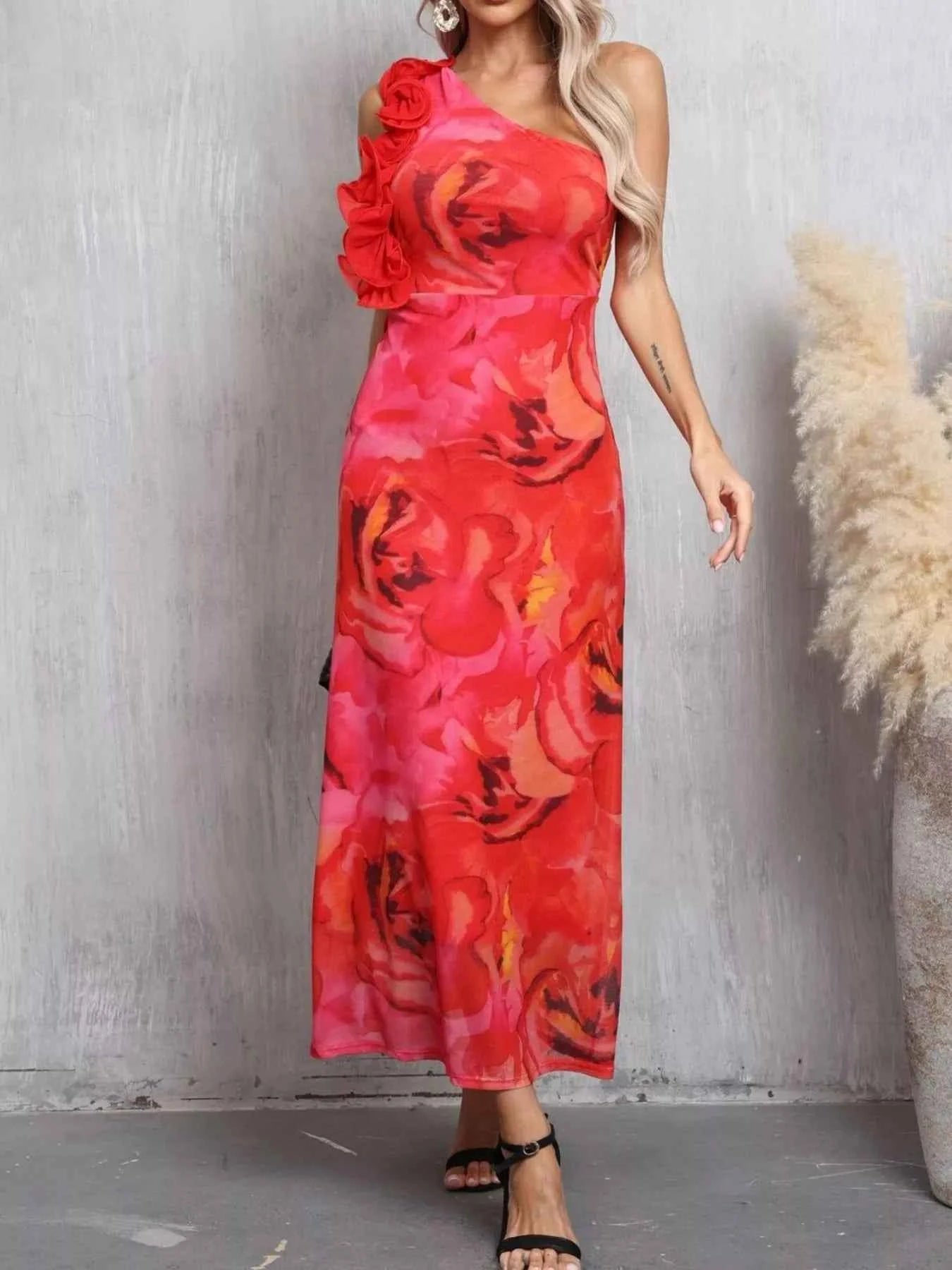 Floral Print One Shoulder Ruffle Trim Dress