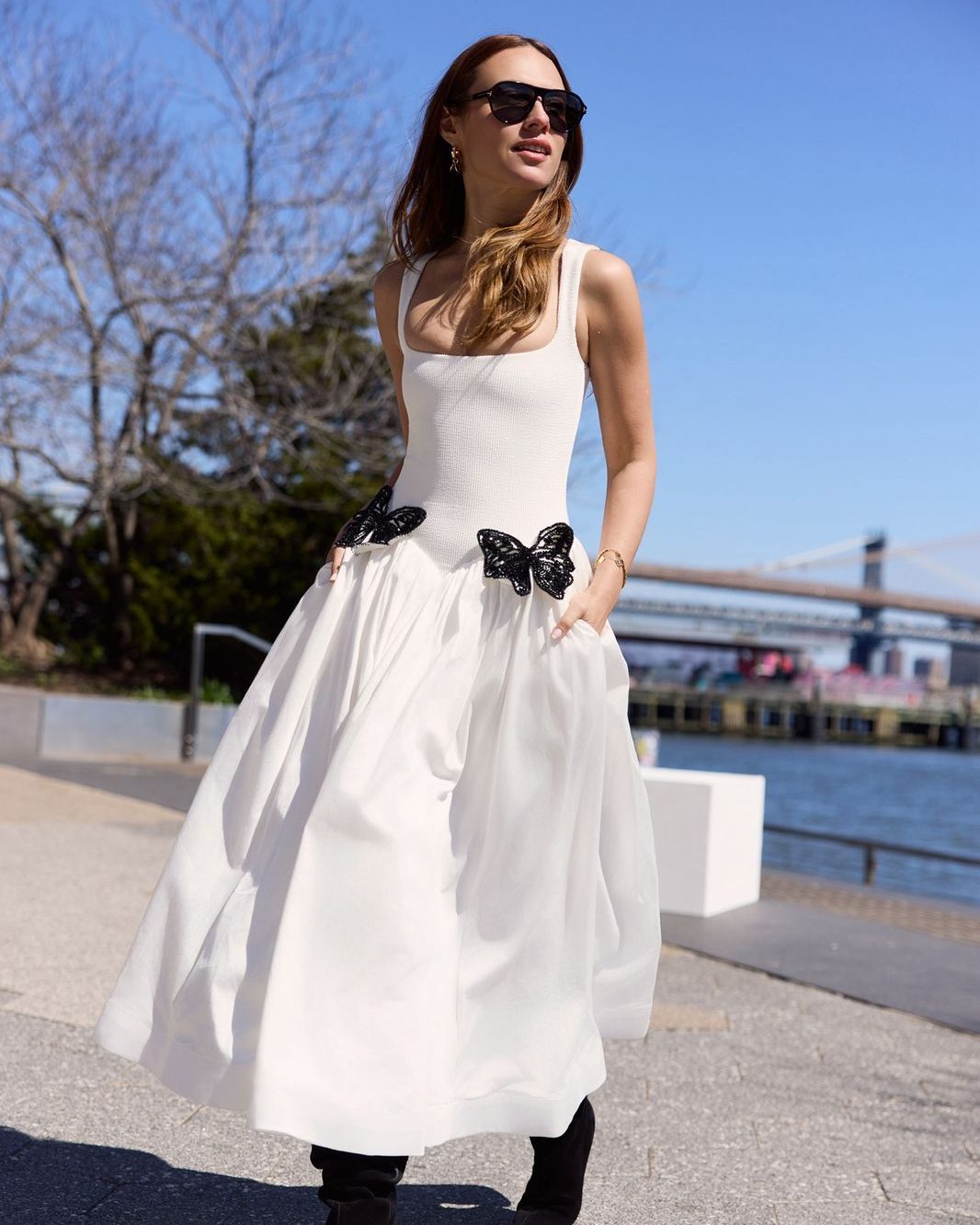 White Midi Dress With Butterfly - Embellished Square Collar Backless dress