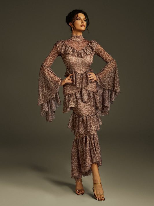 Leopard Slimming Spliced Ruffles Folds Sexy Dress