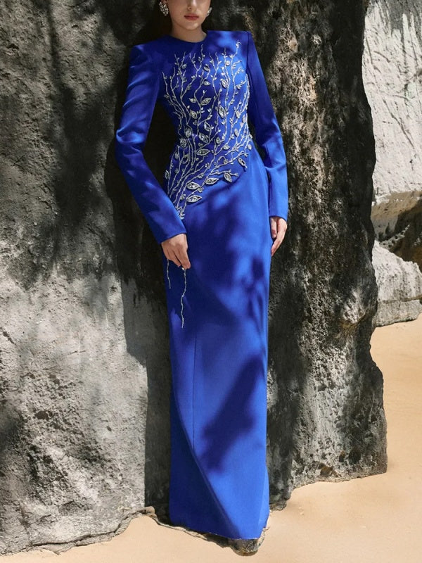 Crew Neck Elegant Evening Dress and Classic Long Sleeve dress