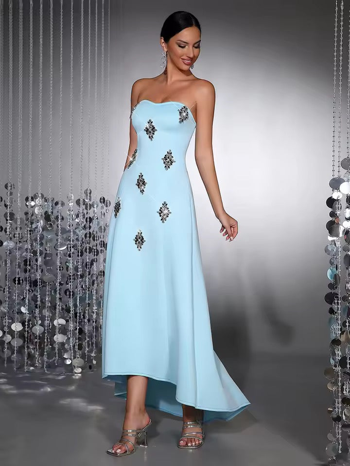 Solid Diamond Elegant Strapless Sleeveless High Waist Asymmetric Long Dress