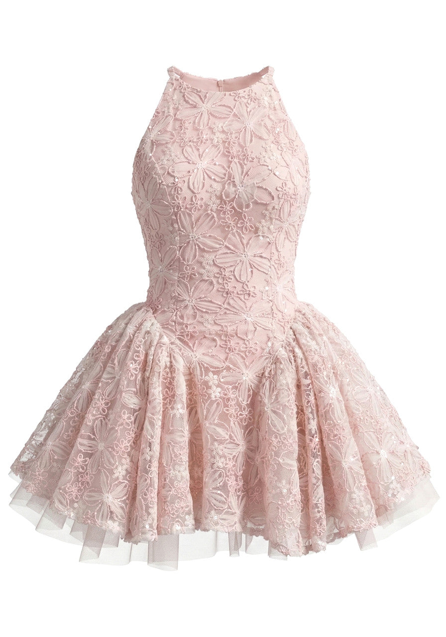 Halter Floral A Line Dress Pink