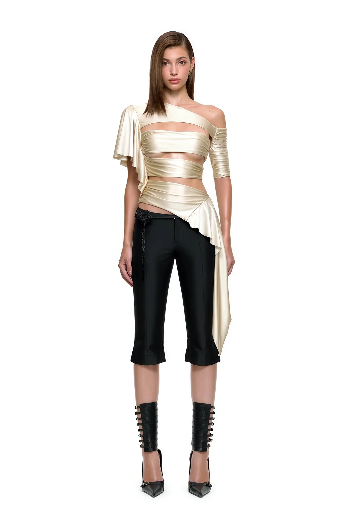 Beige Asymmetrical Cut Out Satin Top