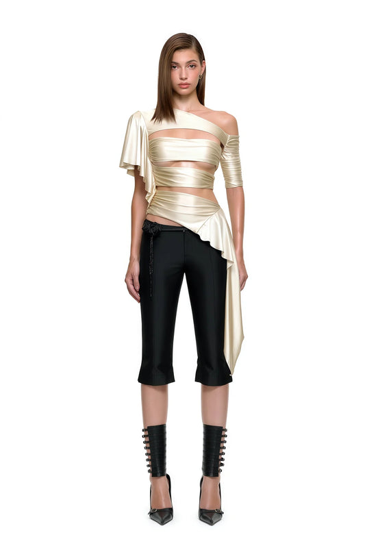 Beige Asymmetrical Cut Out Satin Top