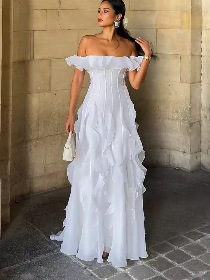 White Ruffle Edge Slash Collar Slim Fit Long French Dress