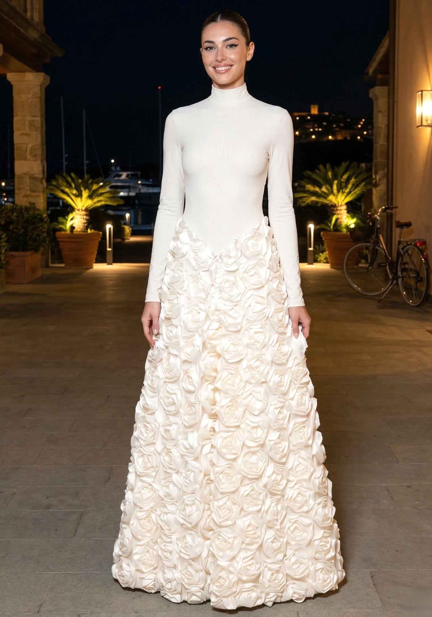 Long Sleeve Floral A Line Maxi Dress Ivory