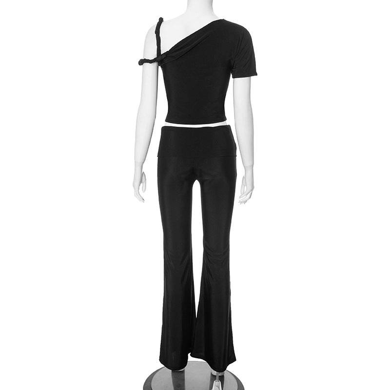 Shoulder Oblique Collar Top Low Waist Trousers Set - REBECATHELABEL
