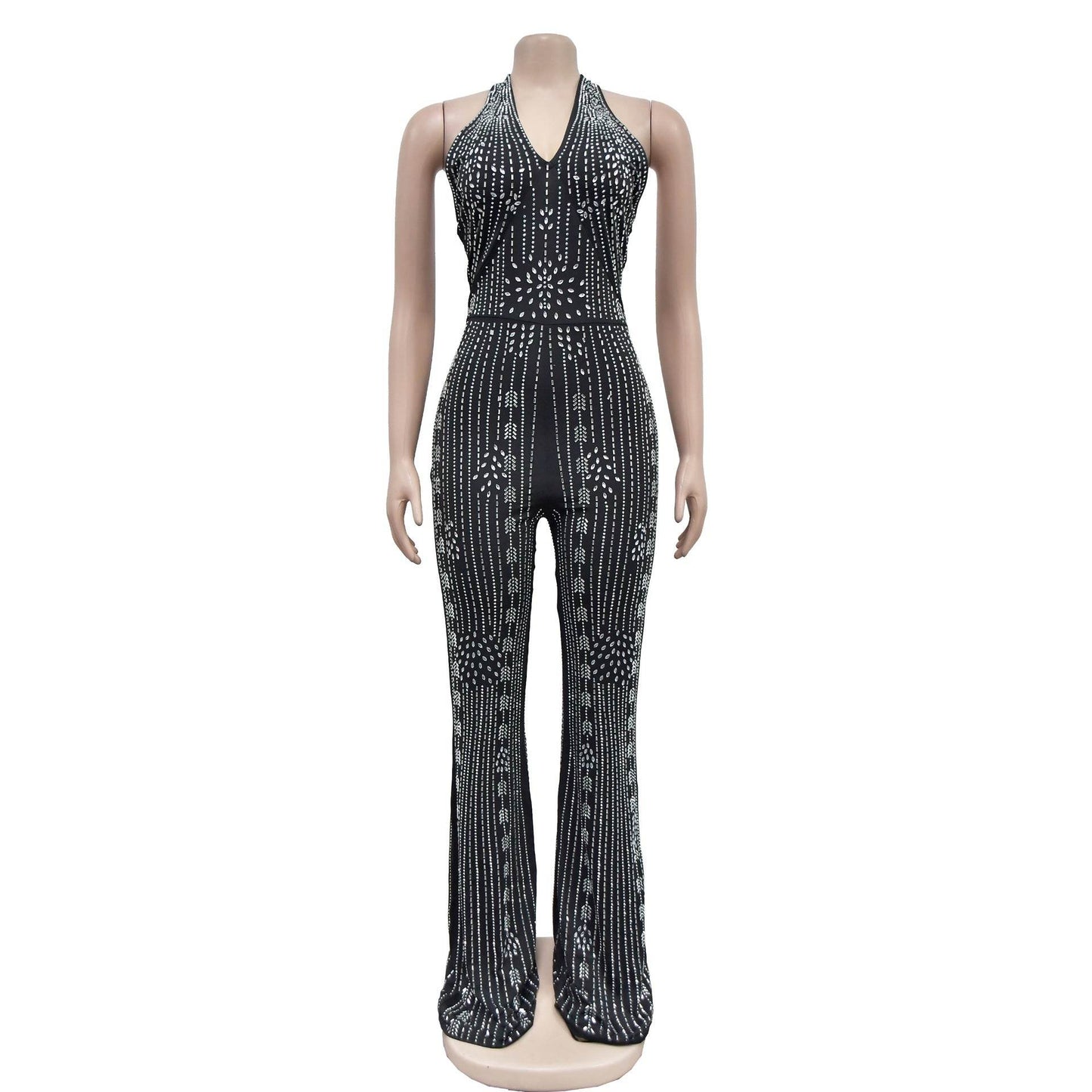Rhinestone Sleeveless Halter Trousers Jumpsuit - REBECATHELABEL