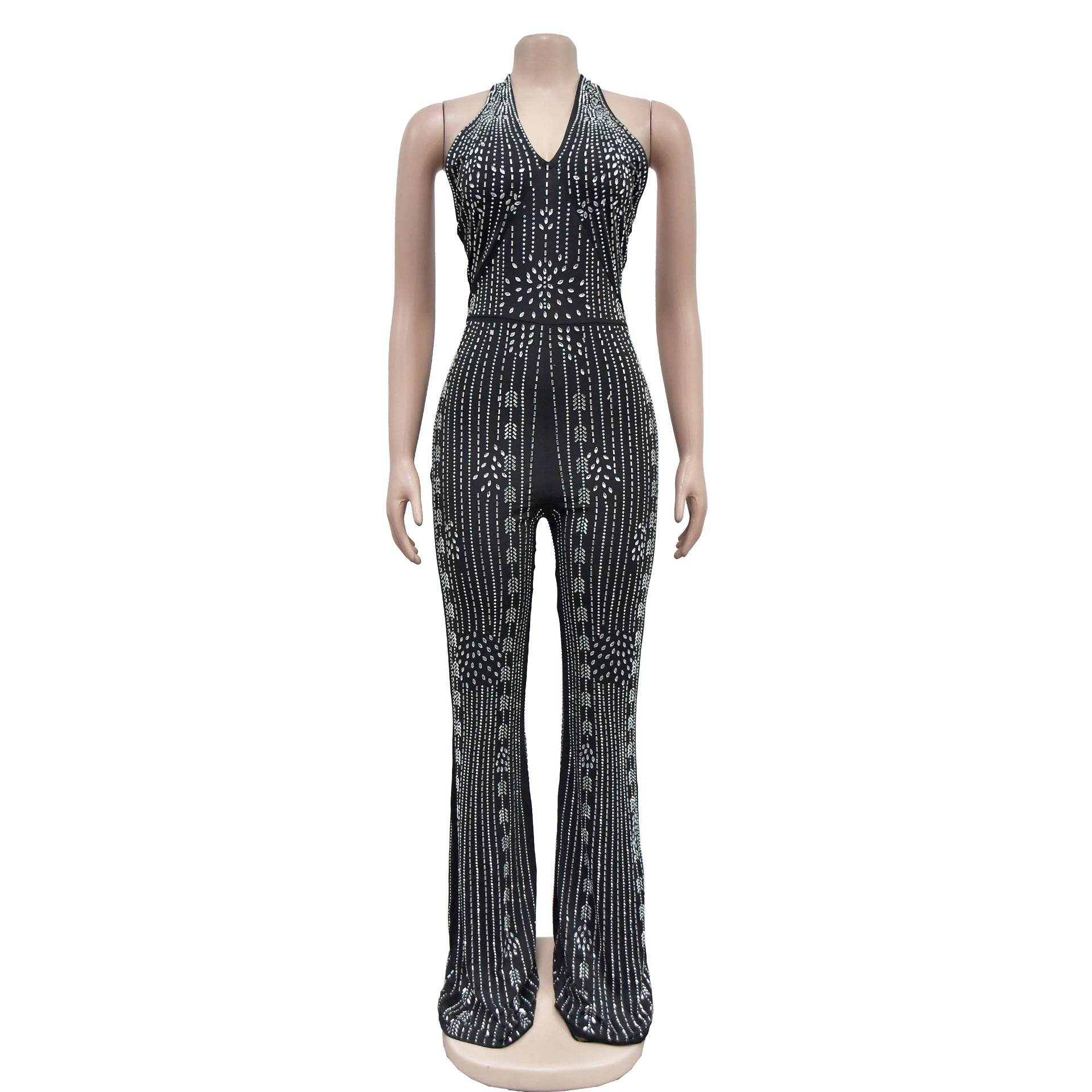 Rhinestone Sleeveless Halter Trousers Jumpsuit - REBECATHELABEL