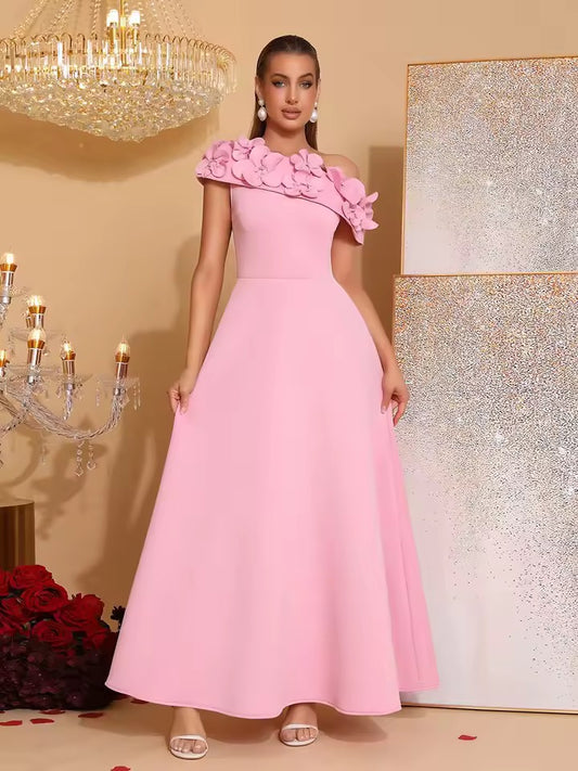 Pink Appliques A-line Dress Slanted Collar High Waist Pleats Long Dress