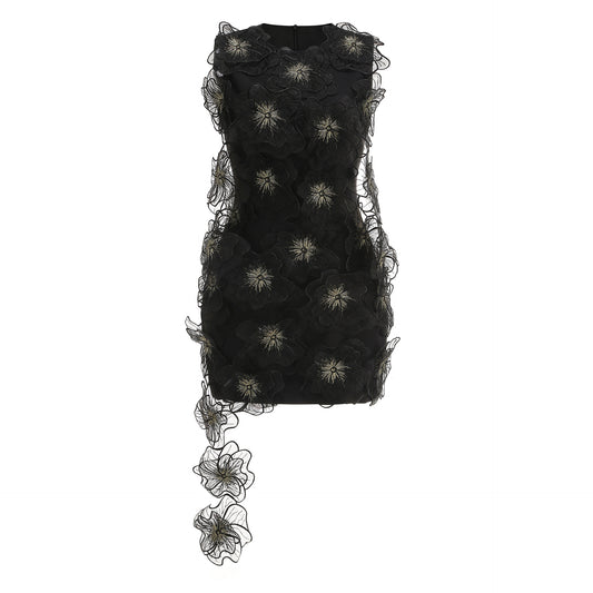 Sleeveless 3D Flowers Midi Bodycon Black Dress