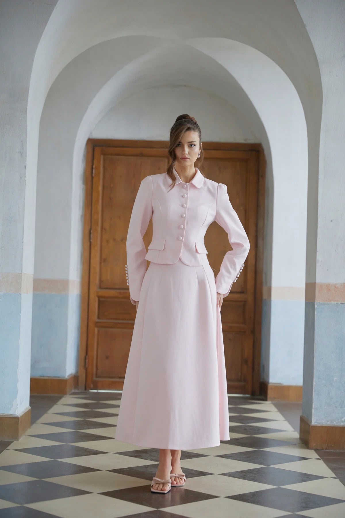 Pink Peter Pan Collar Jacket & Skirt Set