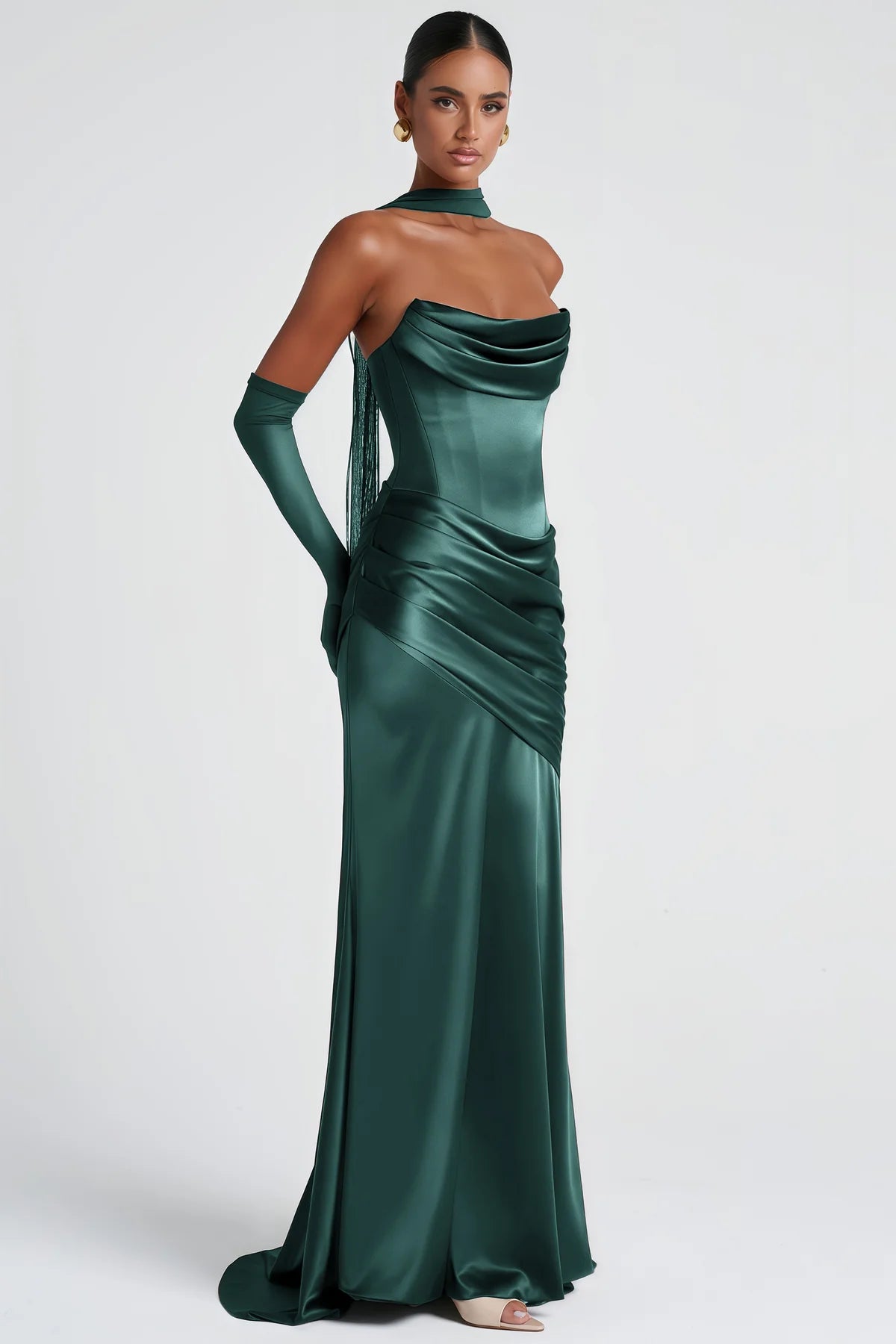 Green Ruched Satin Maxi Dress