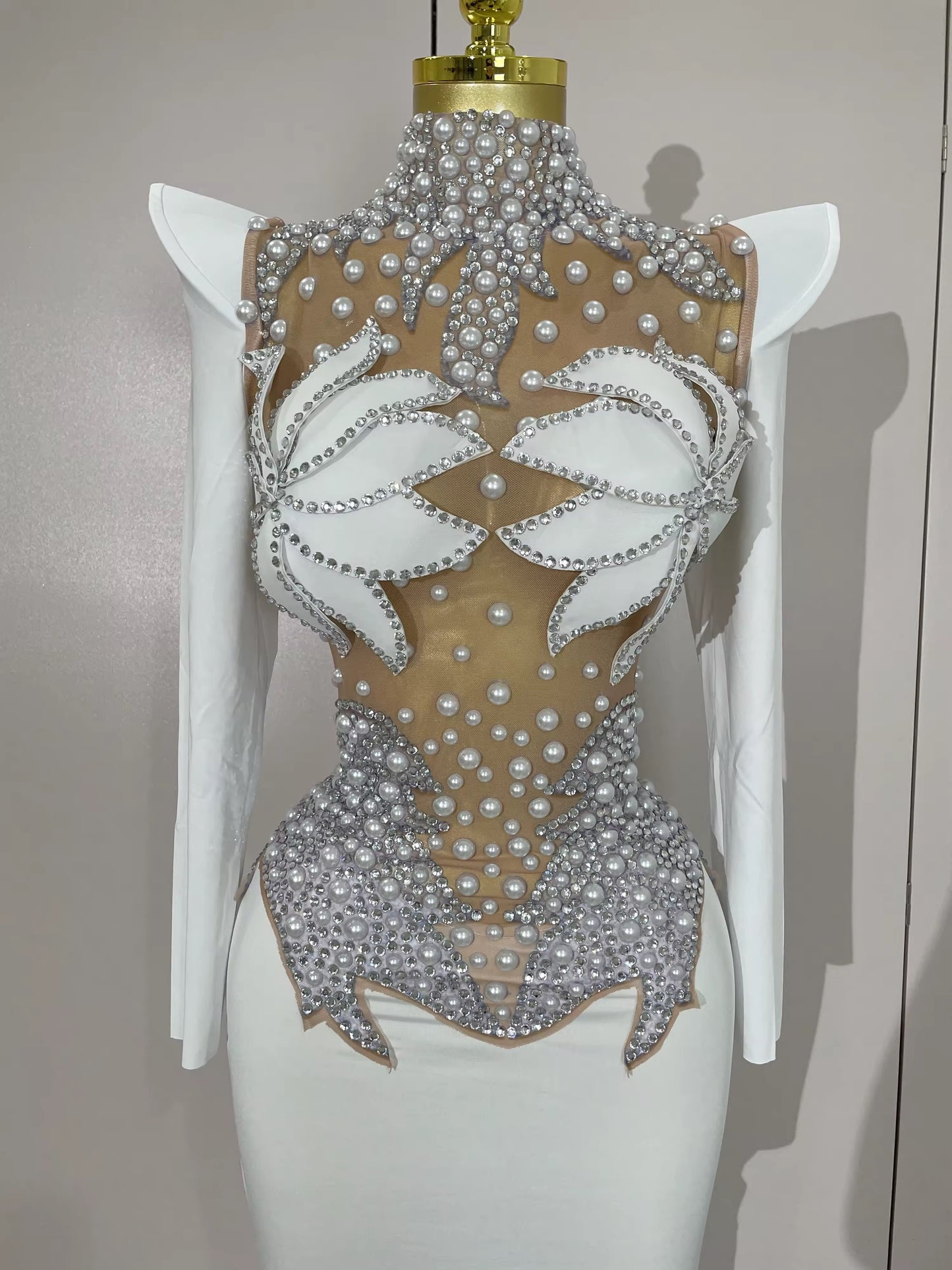 Sparkly Diamonds Pearl Black Sexy See Through Mesh Long Dress