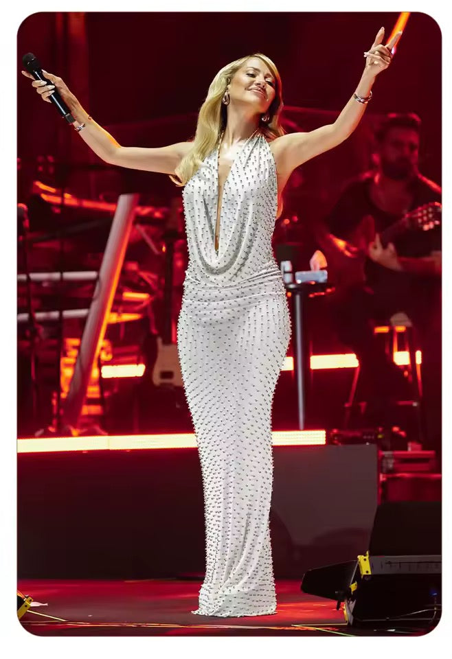 Gala Chic White Beaded Halter Sleeveless V-Neck Open-Back dress