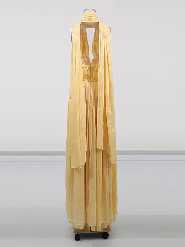 Deep V Neck Sleeveless Backless  Halter Draped Long Dress Folds Split Slim Dress