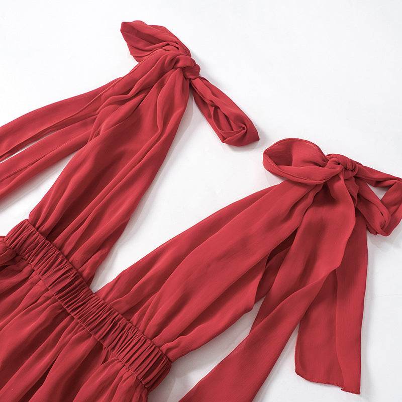 Low Cut Deep V Plunge Bare Back Tied Dress - REBECATHELABEL