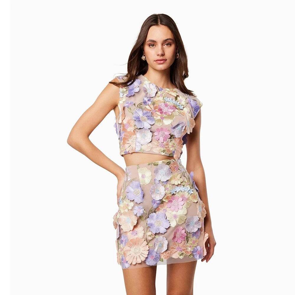 Lace Embroidered Flower Sleeveless Short Top Mini Skirt 2 - REBECATHELABEL