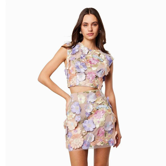 Lace Embroidered Flower Sleeveless Short Top Mini Skirt 2 - REBECATHELABEL