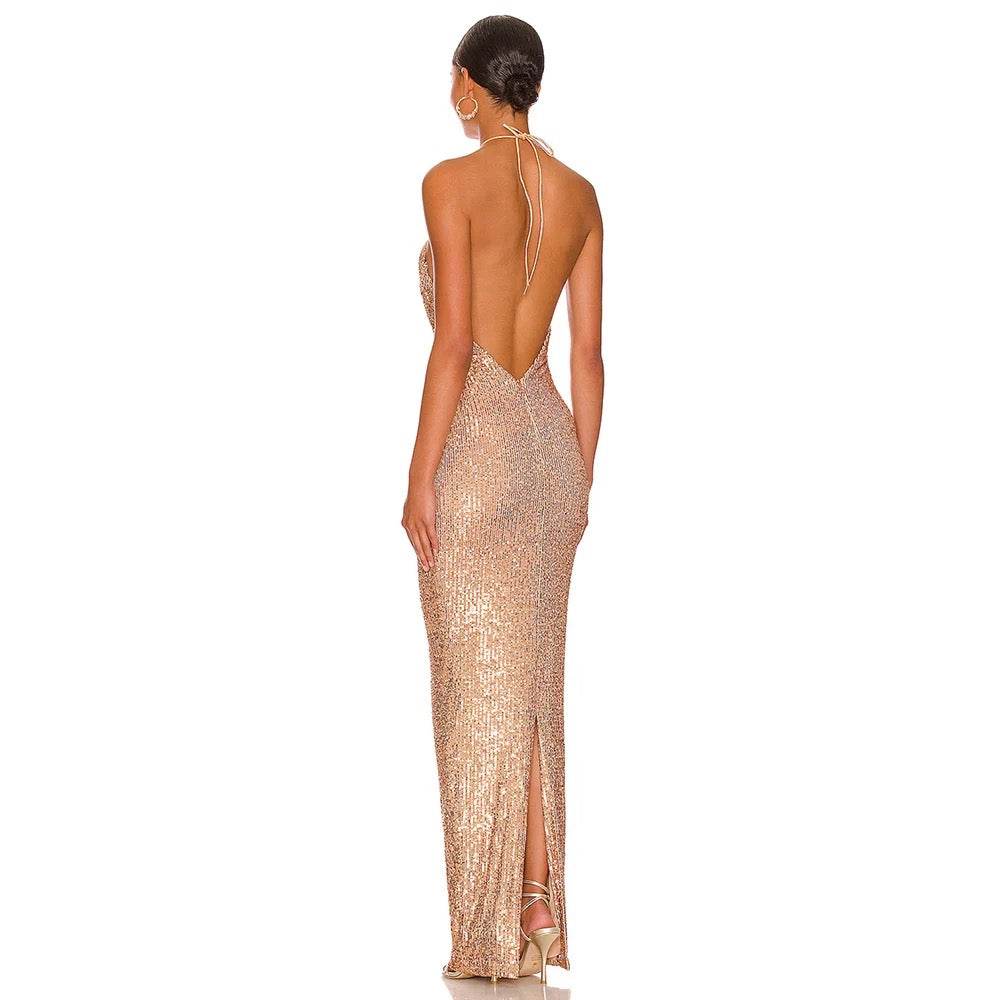Backless Sleeveless Gold Tight Long Dress - REBECATHELABEL