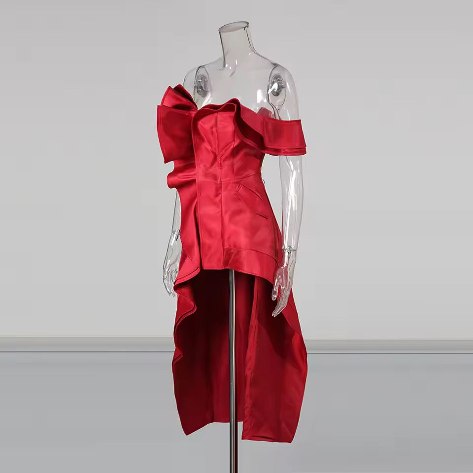 Red Spliced Folds Basics Dress Female Slash Neck Sleeveless