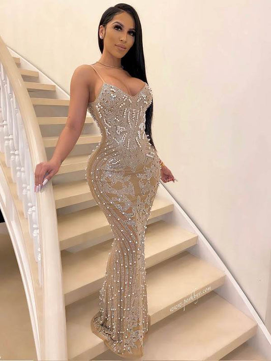 Spaghetti Strap pearl Sequins Beaded Mermaid Dress - REBECATHELABEL