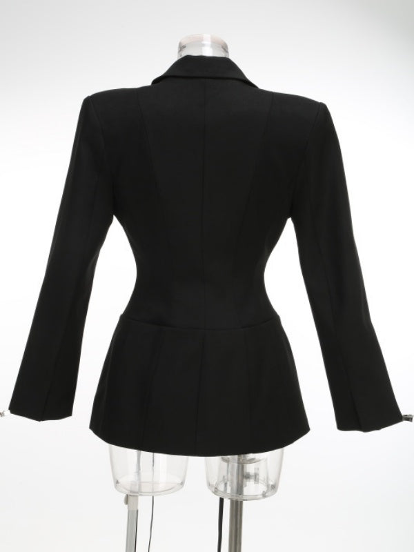 Crisscross Lace Up Suit Black Lapel V Neck Long Sleeve Bodycon Blazer Dress