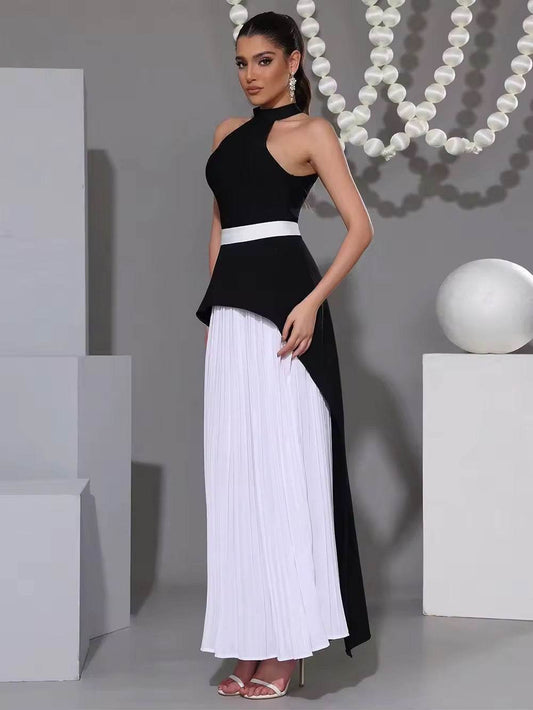 Black And White Contrasting Slim Fit Pleated Dress - REBECATHELABEL