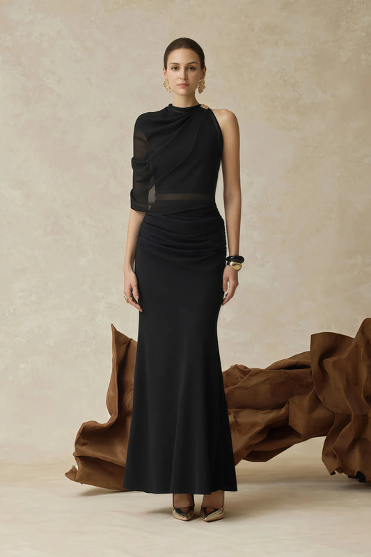 Black Asymmetrical Ruched Top & Skirt Set