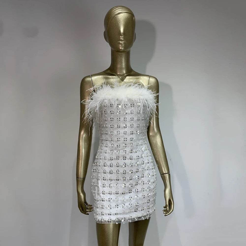 White Strapless Feather Sequins Tight Fit Mini Dress - REBECATHELABEL