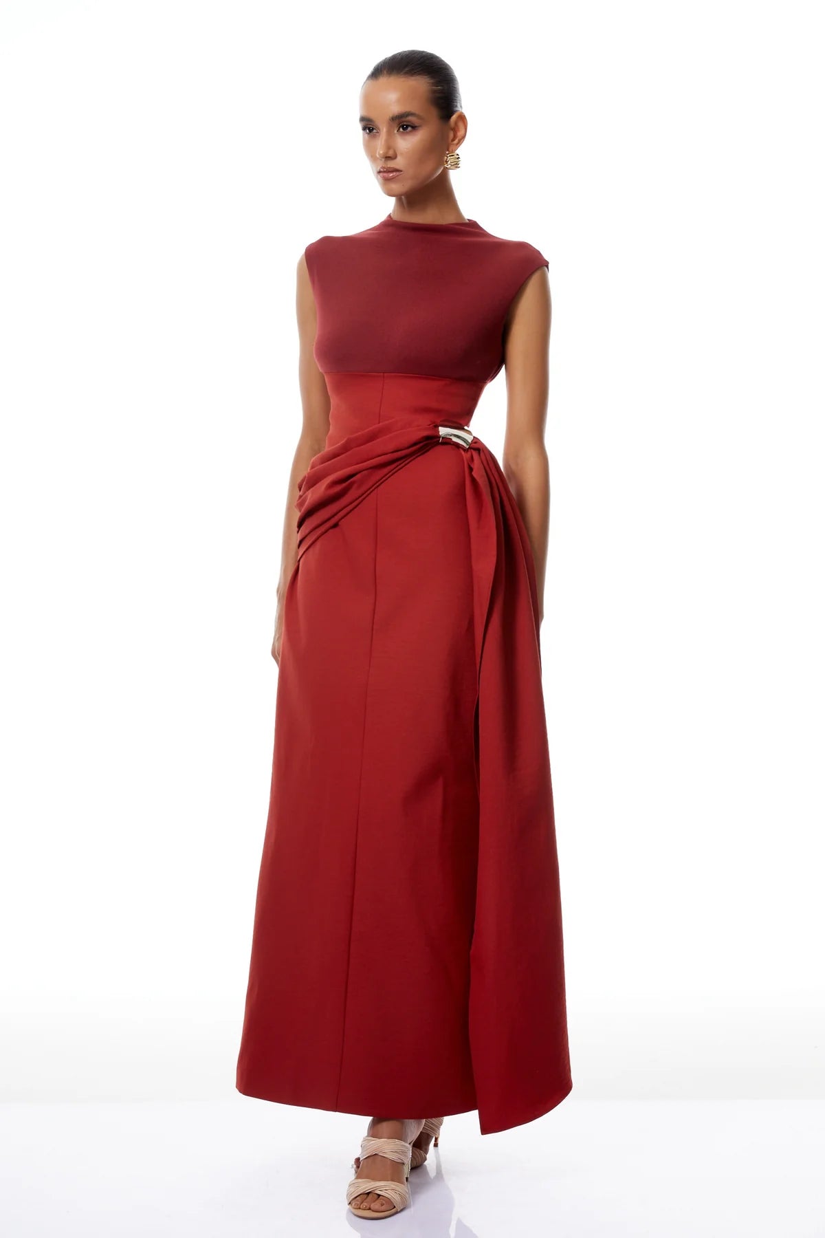 Red Knit Panel Gathered Maxi Dress