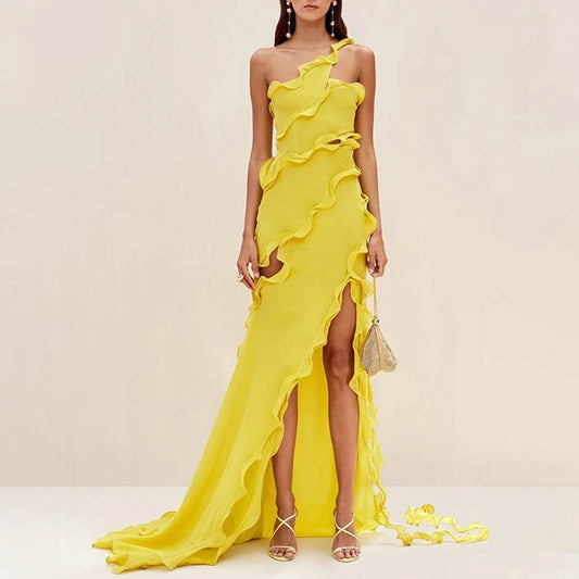 Yellow Sexy Asymmetric Maxi Dress with Ruffle Edge - REBECATHELABEL